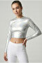Women's Silver Metallic Leather Look Crew Neck Crop Blouse Nj84 - 3