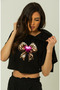 Trend Mix Mixed Printed Hooded Short Sleeve Women's Black Crop Tshirt - 2