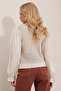 Women's Ecru Floral Embroidered Openwork Knit Body Long Balloon Sleeve Buttoned Bohemian Blouse - 3