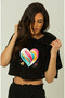 Trend Mix Mixed Printed Hooded Short Sleeve Women's Black Crop Tshirt - 2
