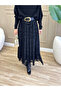 Women's Black Flocked Printed Floral Patterned Tulle Lined Seasonal Long Skirt - 5