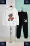 Children's Unisex Bear Patched Brown Needle-Punched 3-Piece Hooded Tracksuit Set - 2
