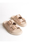 Beige Tweed Fabric Double Buckle Comfortable Women's Slippers - 3