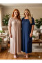 New Season Women's Navy Blue Buttoned Summer Short Sleeve Plus Size Nightgown - 3