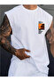 White Cotton Crewneck Sleeveless Printed Sports T-Shirt