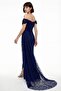 Women's Navy Blue Slim Fit Boat Neck Lace Long Evening Dress - 6