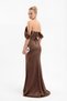 Women's Brown Slim Fit Boat Neck Beaded Long Satin Evening Dress - 6
