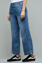 Women's Blue Washed Wide Leg Jeans with Elastic Waist - 2