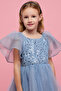 Girl's Blue Sequined Dress with Crew Neck and Flutter Sleeves - 5