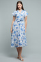 Women's Blue Floral Midi Dress with Revere Collar and Short Sleeves