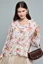 Women's Pink Floral Printed Top with V-Neck and Long Sleeves - 3