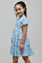 Girl's Green Printed Tiered Dress with Crew Neck and Short Sleeves - 2
