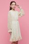 Girl's Cream Floral Print Flared Dress with Crew Neck and Puff Sleeves - 2