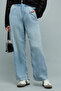 Women's Blue Washed Wide Leg Jeans with Elastic Waist - 3