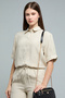 Women's Beige Textured Shirt with Classic Collar and Short Sleeves - 3