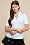 Women's Cream Ribbed Polo T-Shirt with Short Sleeves - 3