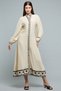 Women's Beige Embroidered Midi Dress with Mandarin Collar and Long Sleeves