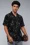 Men's Black Printed Shirt with Revere Collar and Short Sleeves - 3