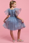 Girl's Blue Sequined Dress with Crew Neck and Flutter Sleeves - 4