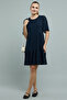 Women's Dark blue Schiffli Tiered Dress with Crew Neck and Short Sleeves - 2