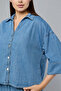 Women's Blue Washed Denim Shirt with Classic 3/4 Sleeves - 5