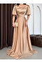 Beige Square Neck Balloon Sleeve Maxi Evening Dress - 6