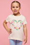 Girl's Beige Printed T-Shirt with Crew Neck and Short Sleeves