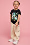 Girl's Black Printed T-Shirt with Crew Neck and Short Sleeves - 2