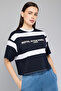 Women's Dark blue Striped T-Shirt with Crew Neck and Short Sleeves - 2