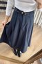 Navy Blue and White Belted Midi Skirt with Waist Detail