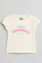 Girl's White Printed Top with Crew Neck and Puff Sleeves