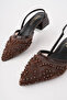 Women's Brown Embroidered and Beaded Heeled Shoes