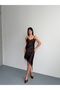 Women's Brown Lace Asymmetrical Strap Satin Dress - 2
