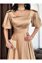 Beige Square Neck Balloon Sleeve Maxi Evening Dress - 5