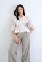 Ecru V-Neck Double-Breasted Cut Ruffle Detail Woven Blouse ALC-X15253