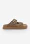 Women's Genuine Leather Buckle Thick Sole Daily Slippers Rontes Camel Suede - 6