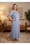 New Season Aviator Blue Summer Full Length Buttoned Short Sleeve Special Design Large Size (Oversized) Nightgown
