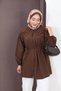 Women's Brown Retro Wide Double Collar Pleated Belted Waist Long Sleeve Woven Tunic Shirt