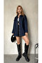 Women's Navy Blue Oversize Belted Denim Jacket - 4