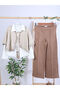Beige Tasseled Poncho Shirt and Wide-Legged Trousers 3-Piece Girls' Set 8-14 Years 4430 - 6