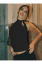 Black Halter Neck Belt Detailed Open Back Women's Blouse, Black Halter Neck Lined Blouse - 4