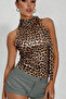 Leopard Print Scarf Collar Strapless Blouse, Halter Neck Belt Detail Open Back Leopard Blouse - 5