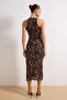 Kahverengi-Çok Renkli Leopar Desenli Bodycone/Vücudu Saran Midi Örme Tül Elbise TPRSS24EL00202 - 4