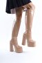 Women's Below-The-Knee High Heel Platform Boots Juvily Nude Patent Leather - 4