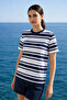 100% Cotton White-Navy Blue Striped Crew Neck Short Sleeve Women's T-Shirt - 2