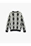 Long Sleeve Crew Neck Diamond Patterned Sweater - 4
