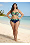 Women's Green Floral Patterned Lined Navy Blue Large Size Bikini Suit Hzl25S-Lc330
