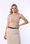 Women's Sand Crew Neck Zero Sleeve Crop Report Ribbed Knit Corded Fabric