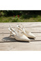Lisa Women's Ecru Pointed Toe 7 cm Heel Floral Lace Patterned Patent Leather Slingback Shoes - 3