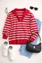 Women's Zippered Collar Slit Striped Fuchsia Knitwear Sweater